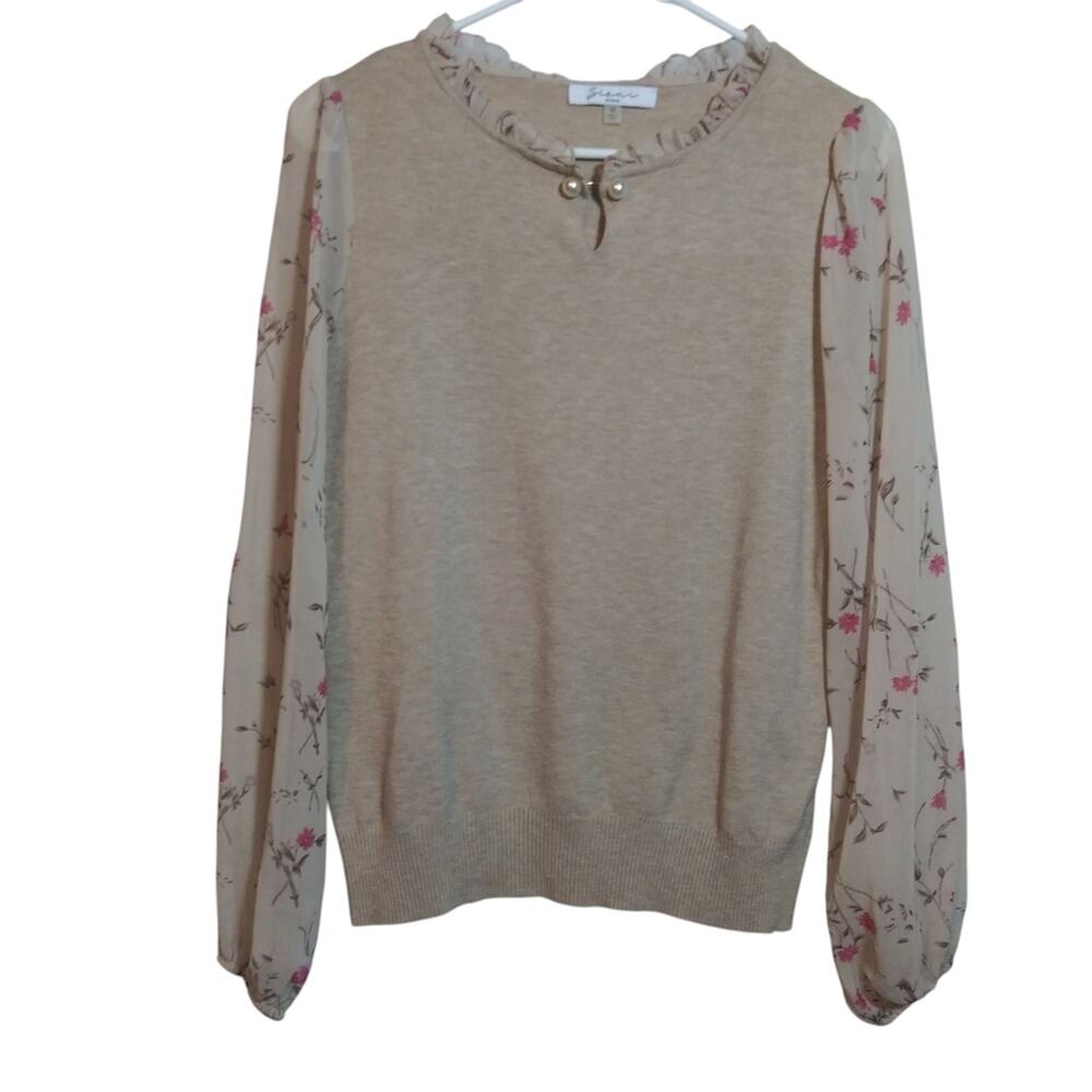 Siani Milano Sweater WomensBeige Floral Sheer Sleeves Ruffle Pearl Collar Size M